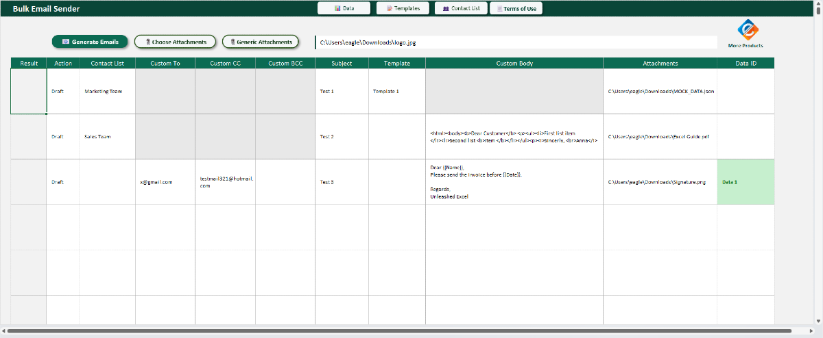 Bulk Email Sender in Excel - Excel template preview